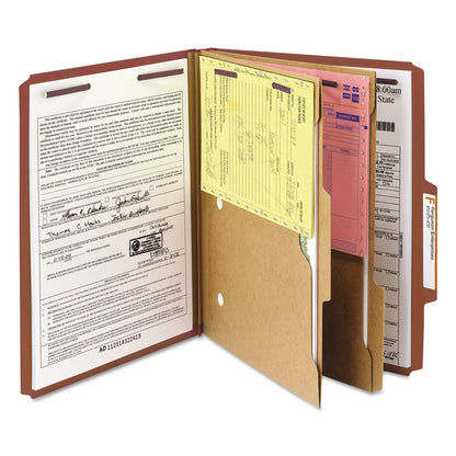 Smead 6-Section Pressboard Top Tab Pocket-Style Classification Folders with SafeSHIELD Fasteners, 2 Dividers, Letter, Red, 10/Box
