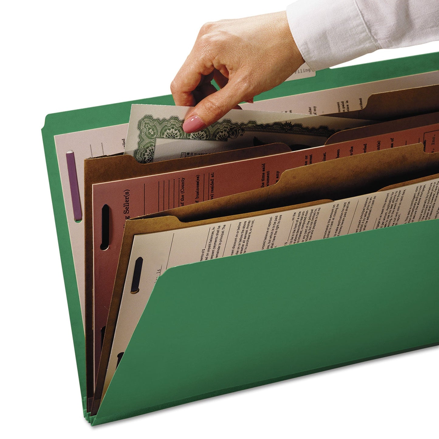 Smead 6-Section Pressboard Top Tab Pocket-Style Classification Folders with SafeSHIELD Fasteners, 2 Dividers, Letter, Green, 10/Box