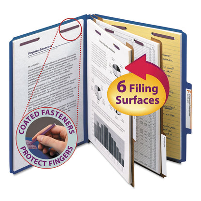 Smead Six-Section Pressboard Top Tab Classification Folders with SafeSHIELD Fasteners, 2 Dividers, Letter Size, Dark Blue, 10/Box