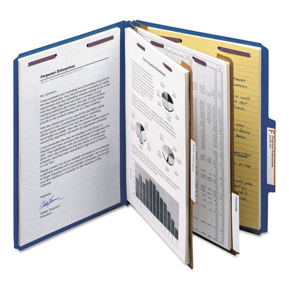 Smead Six-Section Pressboard Top Tab Classification Folders with SafeSHIELD Fasteners, 2 Dividers, Letter Size, Dark Blue, 10/Box