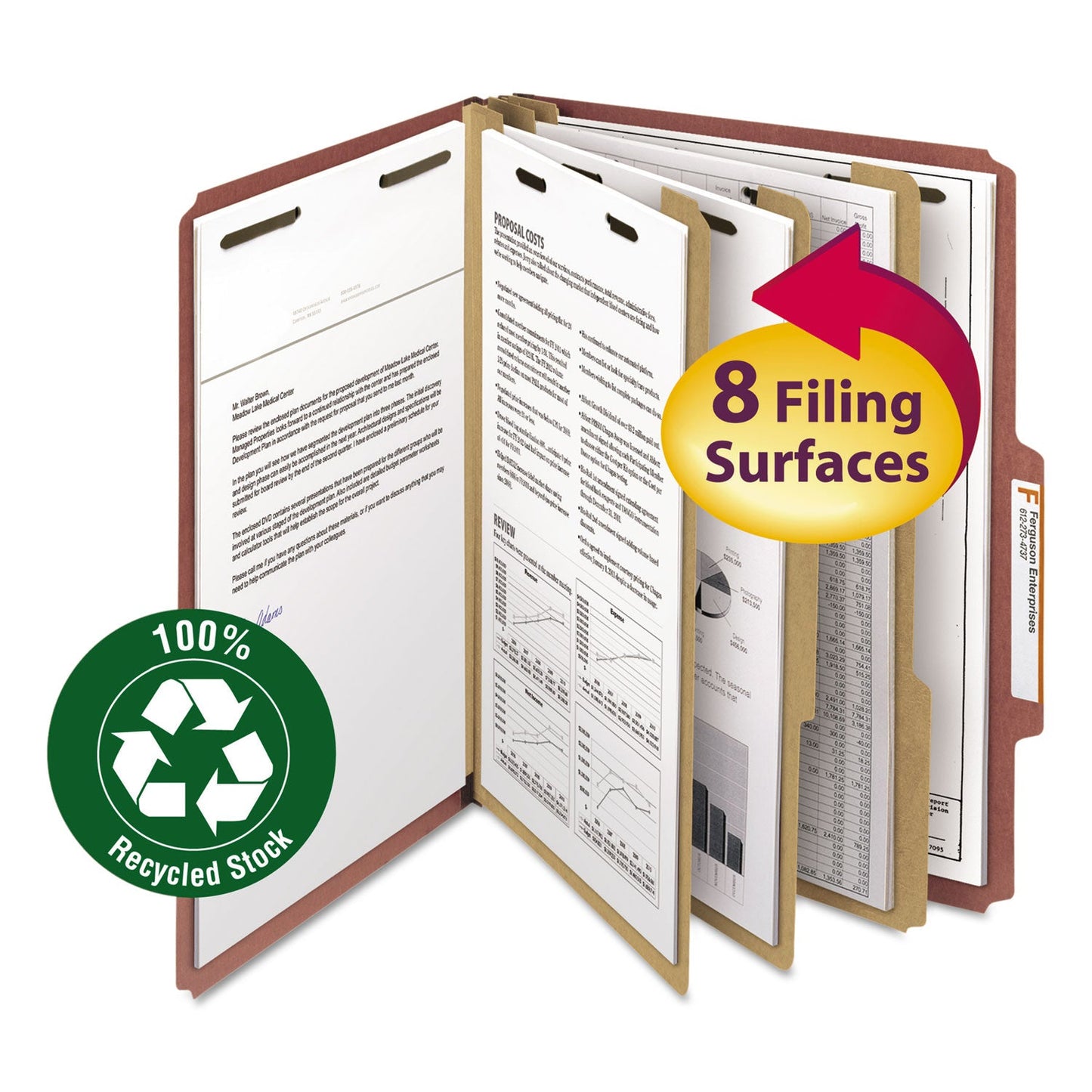 Smead 100% Recycled Pressboard Classification Folders, 3 Dividers, Letter Size, Red, 10/Box