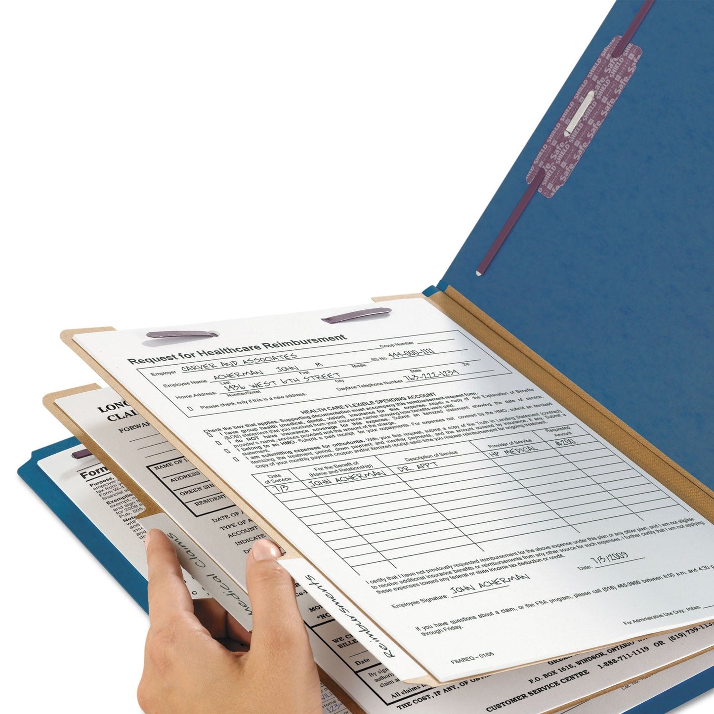 Smead Six-Section Pressboard Top Tab Classification Folders with SafeSHIELD Fasteners, 2 Dividers, Letter Size, Dark Blue, 10/Box