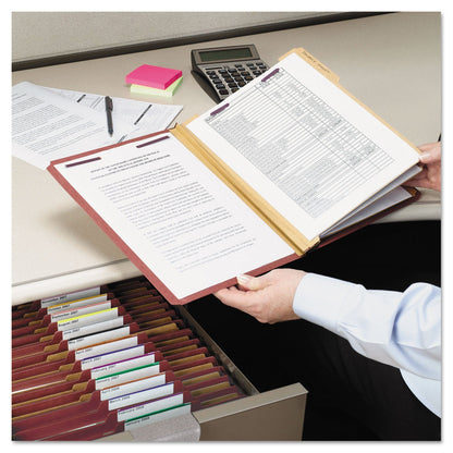Smead Pressboard Classification Folders with SafeSHIELD Coated Fasteners, 2/5 Cut, 3 Dividers, Letter Size, Red, 10/Box