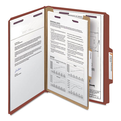 Smead Pressboard Classification Folders with SafeSHIELD Coated Fasteners, 2/5 Cut, 1 Divider, Letter Size, Red, 10/Box