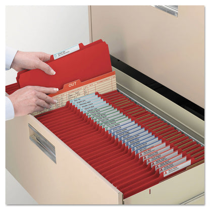 Smead Six-Section Pressboard Top Tab Classification Folders with SafeSHIELD Fasteners, 2 Dividers, Letter Size, Bright Red, 10/Box