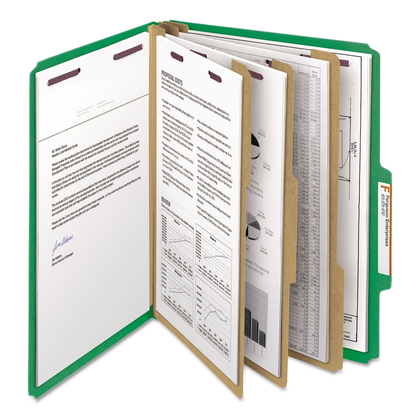 Smead Eight-Section Pressboard Top Tab Classification Folders with SafeSHIELD Fasteners, 3 Dividers, Letter Size, Green, 10/Box