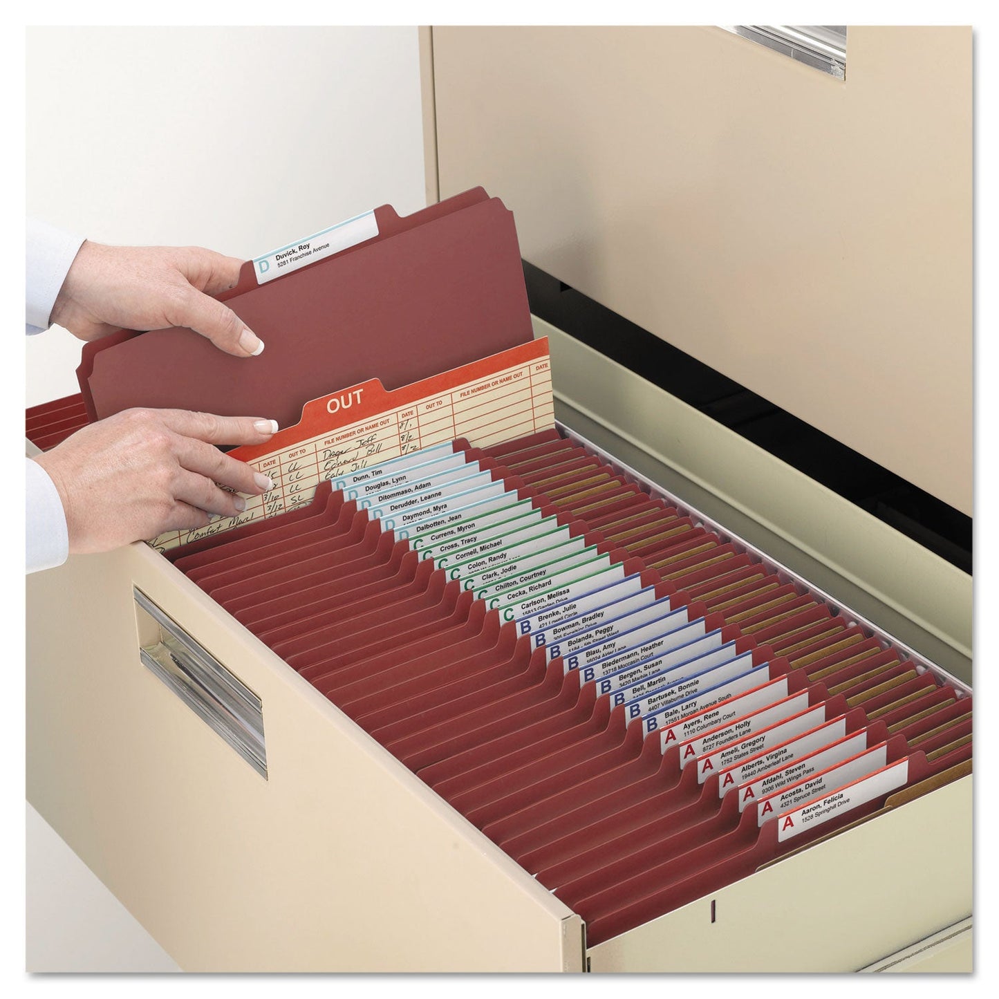Smead 6-Section Pressboard Top Tab Pocket-Style Classification Folders with SafeSHIELD Fasteners, 2 Dividers, Letter, Red, 10/Box