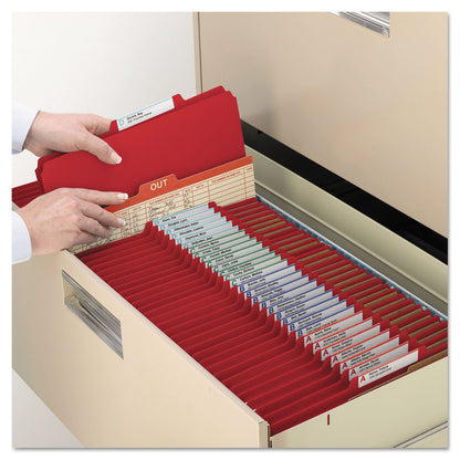 Smead 6-Section Pressboard Top Tab Pocket-Style Classification Folders with SafeSHIELD Fasteners, 2 Dividers, Letter, Red, 10/Box