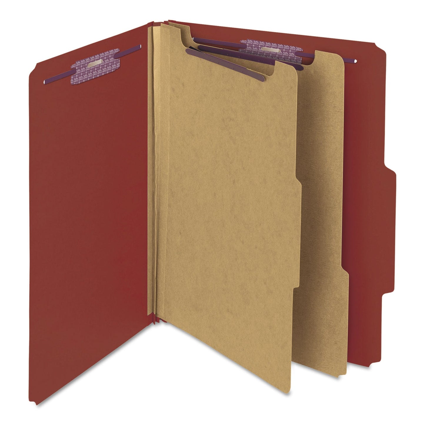Smead Pressboard Classification Folders with SafeSHIELD Coated Fasteners, 2/5 Cut, 2 Dividers, Letter Size, Red, 10/Box