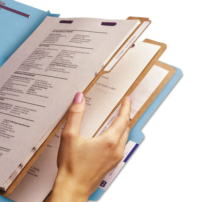 Smead Eight-Section Pressboard Top Tab Classification Folders with SafeSHIELD Fasteners, 3 Dividers, Letter Size, Blue, 10/Box
