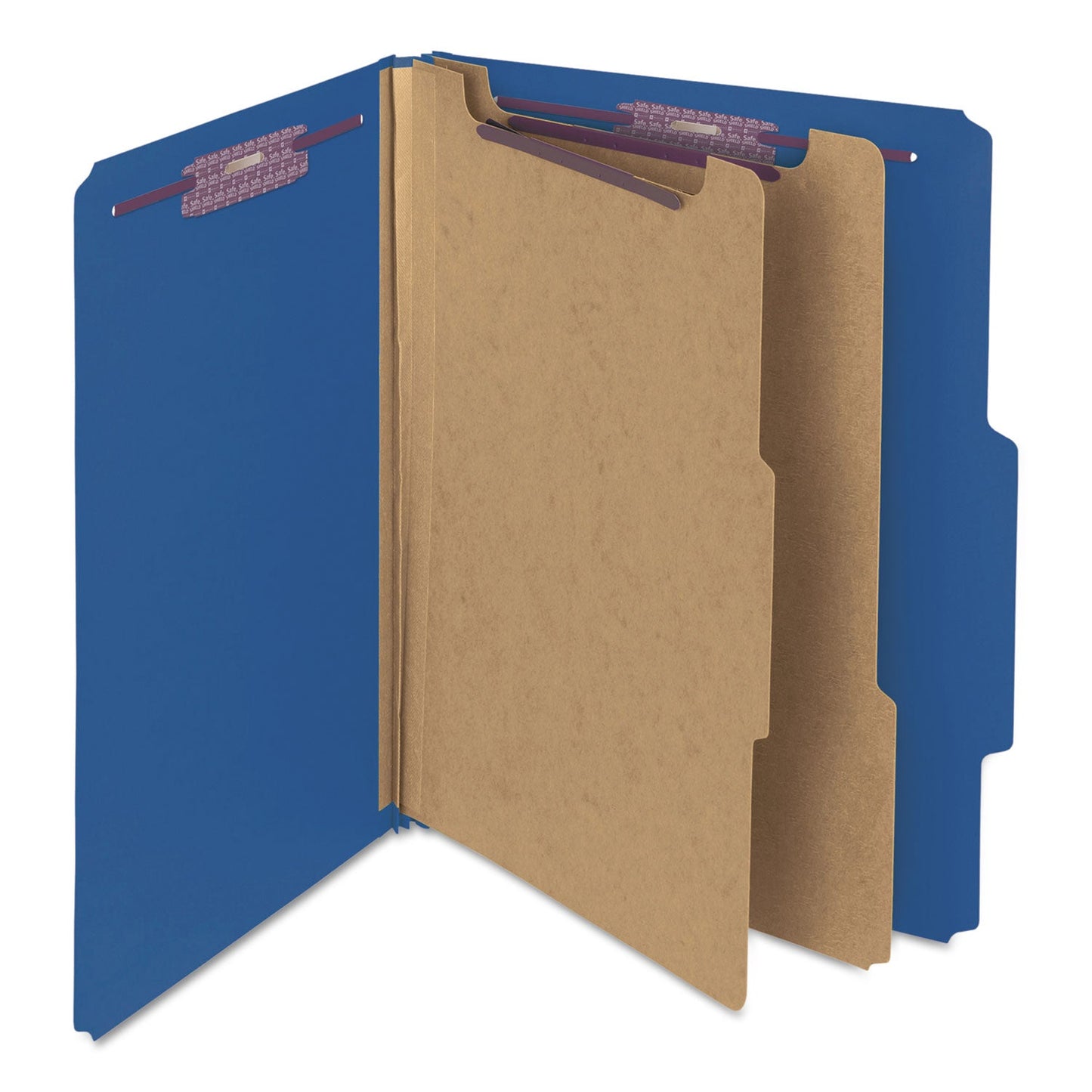 Smead Six-Section Pressboard Top Tab Classification Folders with SafeSHIELD Fasteners, 2 Dividers, Letter Size, Dark Blue, 10/Box