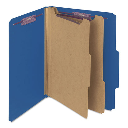 Smead Six-Section Pressboard Top Tab Classification Folders with SafeSHIELD Fasteners, 2 Dividers, Letter Size, Dark Blue, 10/Box