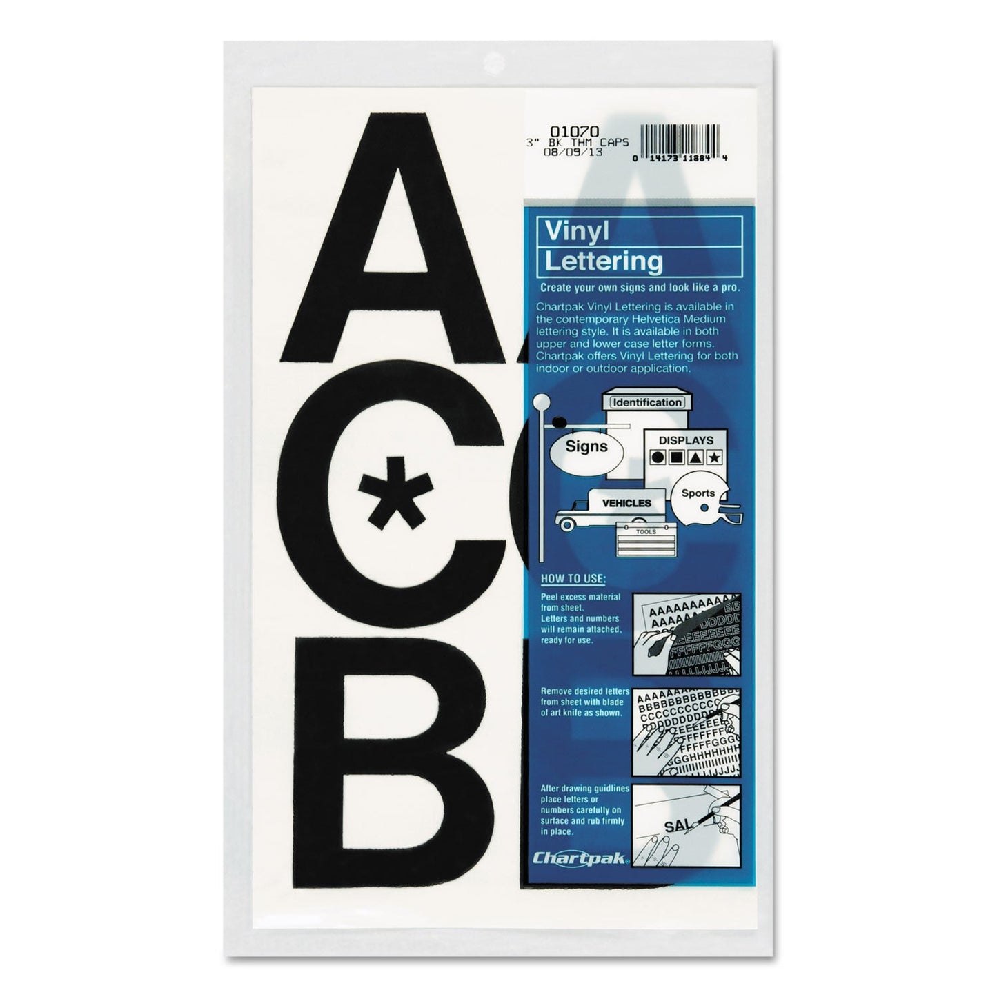 Chartpak Press-On Vinyl Uppercase Letters, Self Adhesive, Black, 3"h, 50/Pack