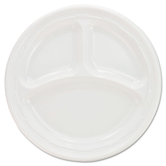 Dart Plastic Plates, 3-Compartment, 9" dia, White, 125/Pack, 4 Packs/Carton