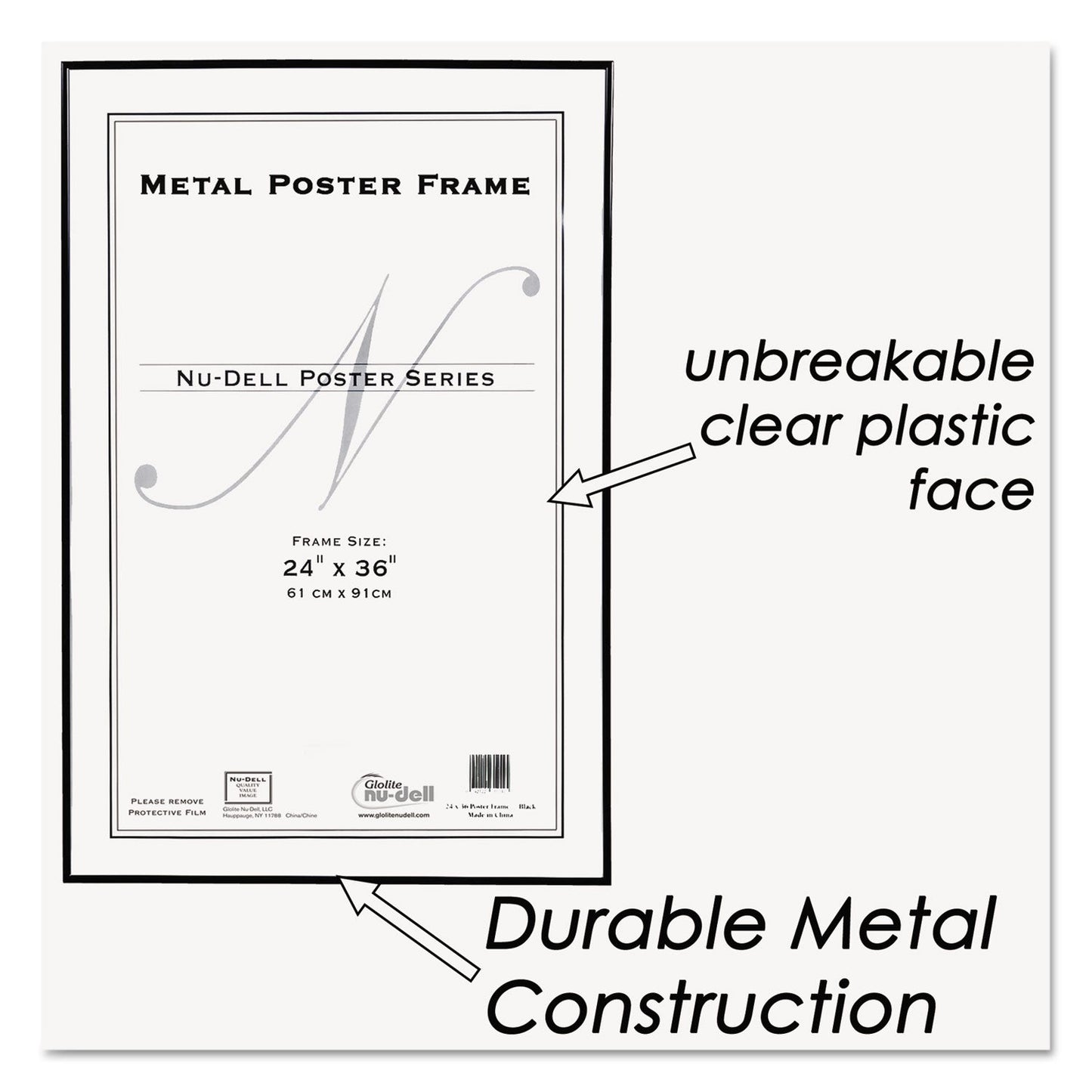 NuDell Metal Poster Frame, Plastic Face, 24 x 36, Black