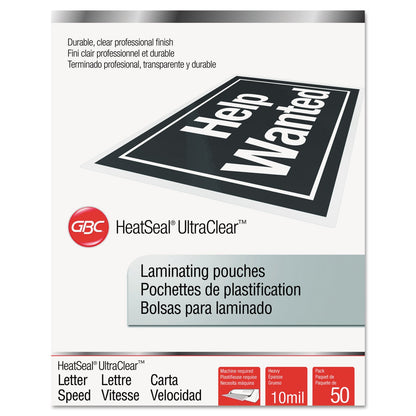 GBC UltraClear Thermal Laminating Pouches, 10 mil, 9" x 11.5", Gloss Clear, 50/Box