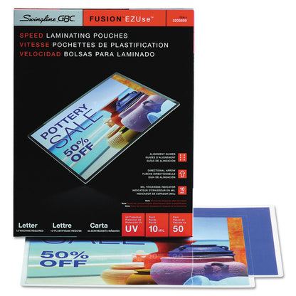 GBC EZUse Thermal Laminating Pouches, 10 mil, 9" x 11.5", Gloss Clear, 50/Box
