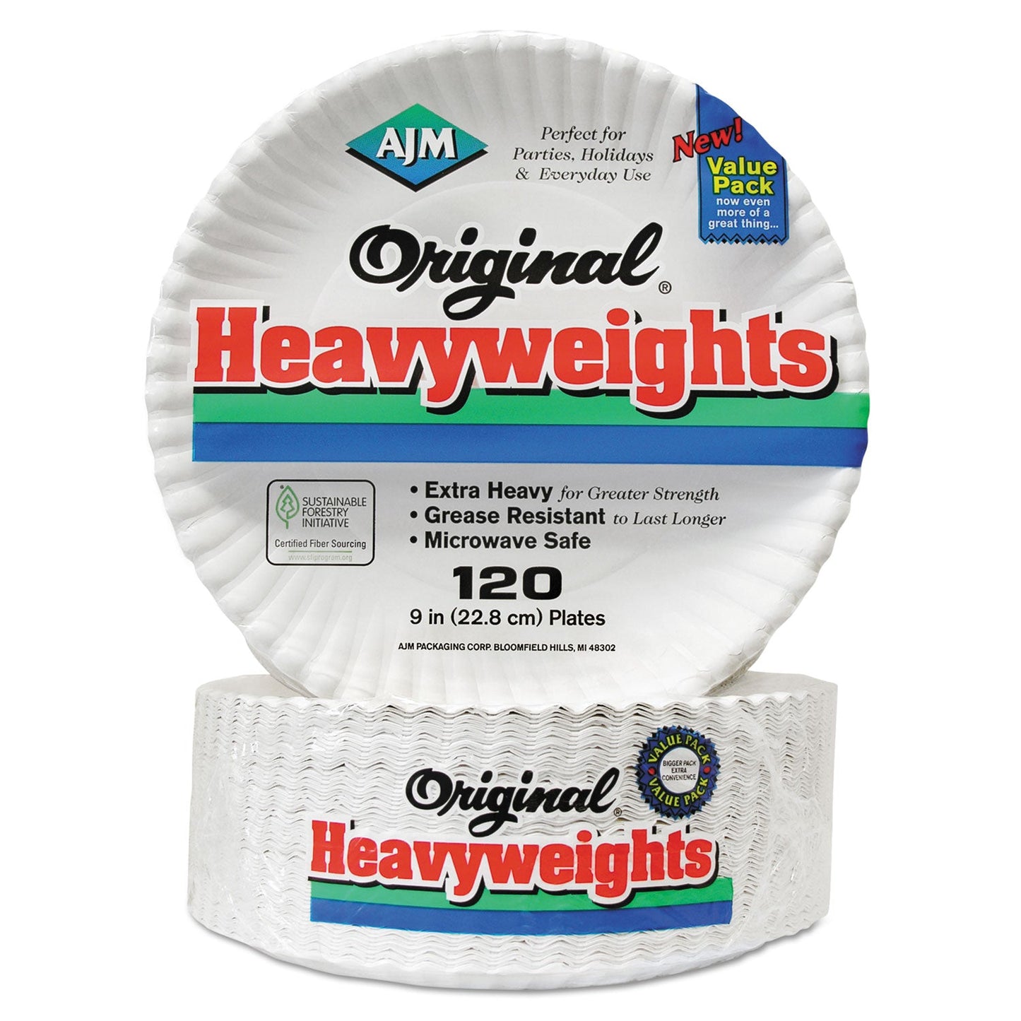 AJM Packaging Corporation Gold Label Coated Paper Plates, 9" dia, White, 120/Pack, 8 Packs/Carton
