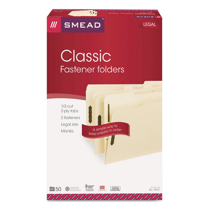 Smead Top Tab Fastener Folders, 1/3-Cut Tabs: Assorted, 2 Fasteners, Legal Size, 11-pt Manila Exterior, 50/Box