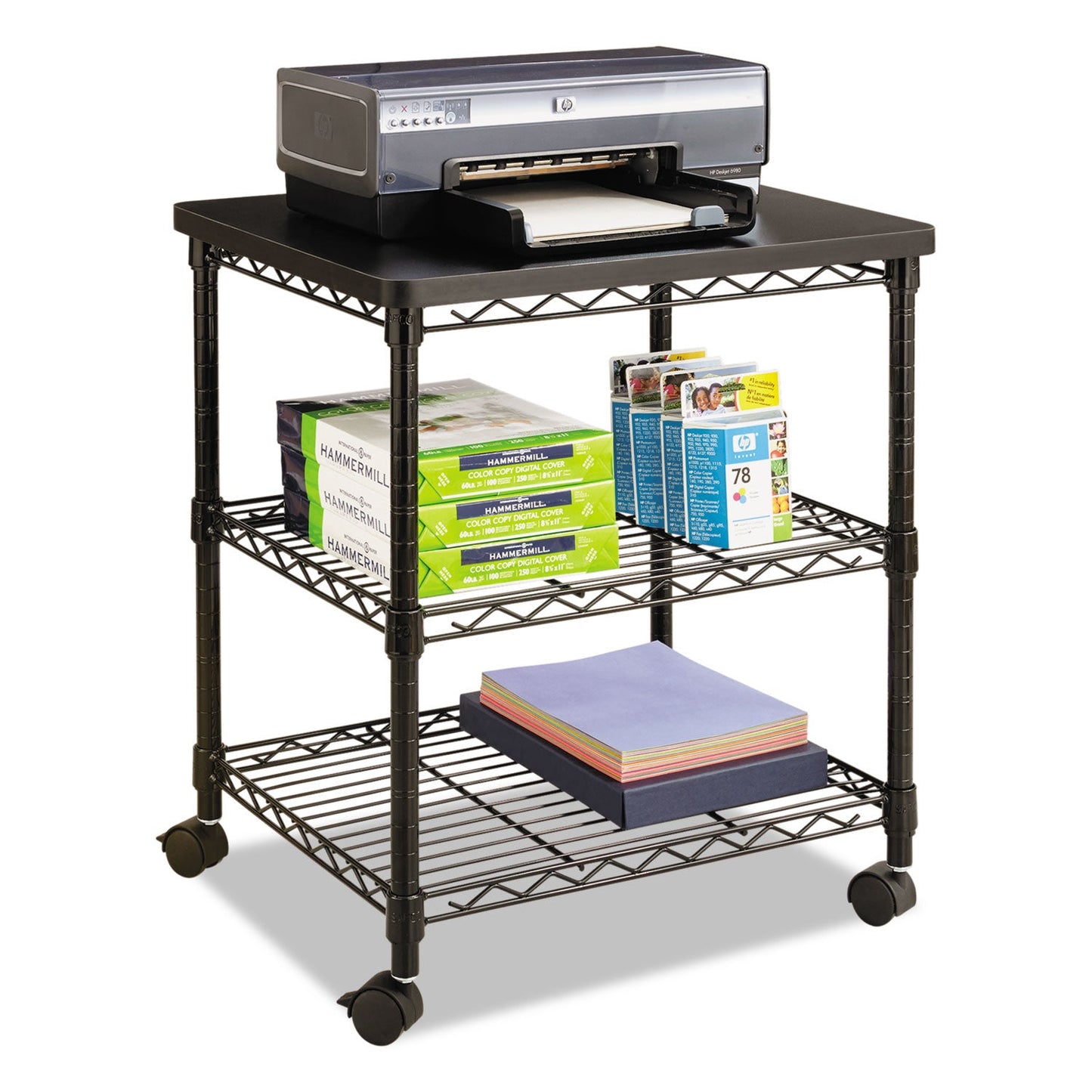 Safco Desk Side Wire Machine Stand, Metal, 3 Shelves, 200 lb Capacity, 24" x 20" x 27", Black