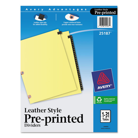 Avery Preprinted Black Leather Tab Dividers w/Copper Reinforced Holes, 31-Tab, 1 to 31, 11 x 8.5, Buff, 1 Set