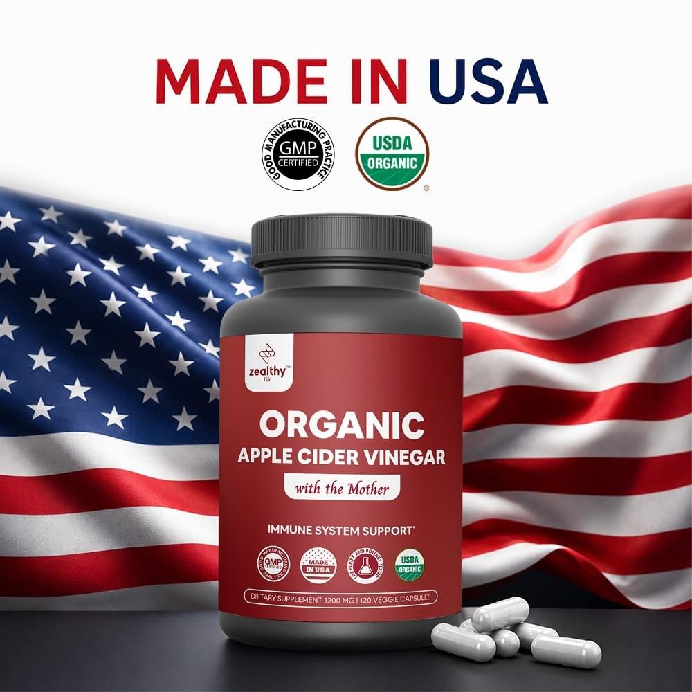 Organic Apple Cider Vinegar with The Mother – 1200mg Capsules for Optimal Wellness, GlutenFree, NonGMO, 120 Veggie Capsules – Zealthy Life