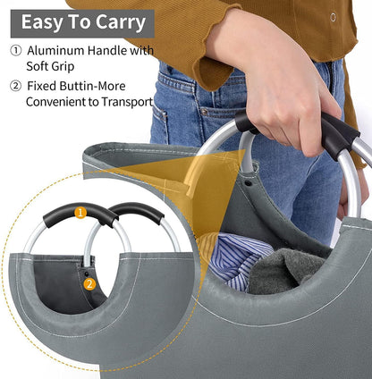 82L Large Laundry Basket Collapsible Grey Silver Fabric Hamper Foldable Laundry Bag With Handles Waterproof Washing Clothes Bin Bag Dirty Cloth Storage