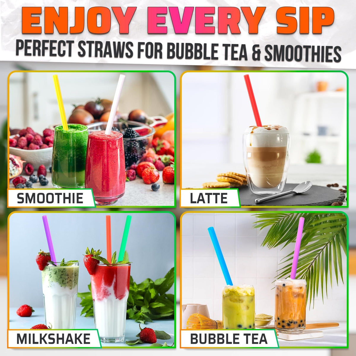 Large Pack of 300 Boba Straws Individually Wrapped – Thick Smoothie Straws Disposable for Milkshakes Bubble Tea Ice Lattes & Lemonade Bar Supplies – (0.4  Wide 9.25  Tall) 8 Colors Smooth Edges