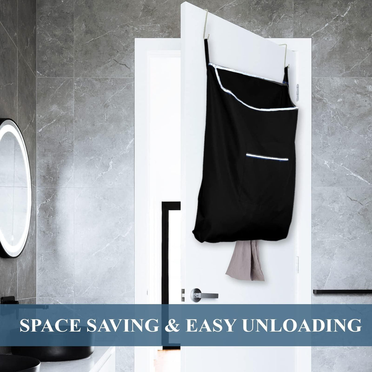 The Fine Living Co. Large Hanging Laundry Hamper with Over Door Hooks & Adhesive Durable Space Saving Laundry Bag with Zipper and Wide Open Top Hanging Dorm Laundry Hamper 18 x4.75 x28  (Black L)