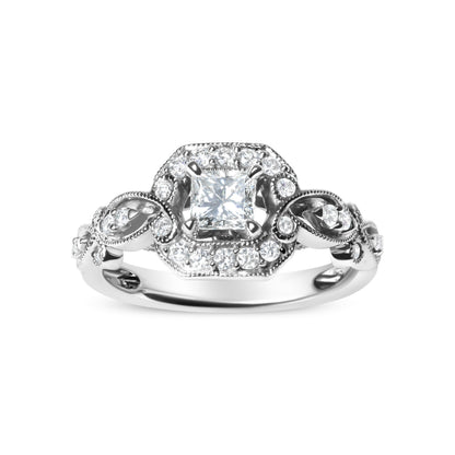 14K White Gold Diamond 3/4 Cttw Diamond Halo Style and Woven Shank Engagement Ring (G-H Color, VS2-SI1 Clarity) - Size 7