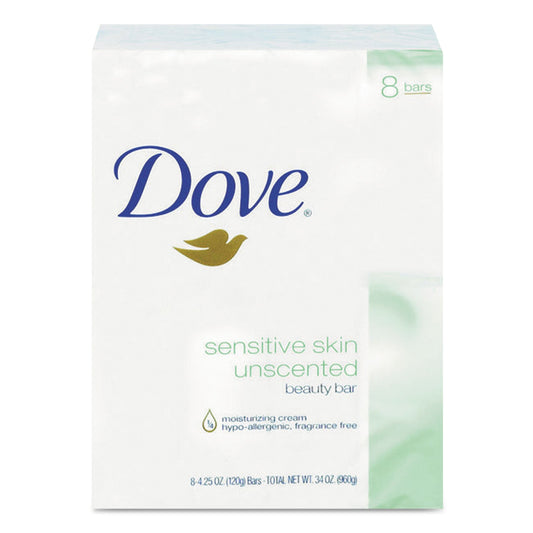 Dove Sensitive Skin Bath Bar, Unscented, 4.5 oz Bar, 8 Bars/Pack, 9 Packs/Carton