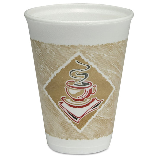 Dart Cafe G Hot/Cold Cups, Foam, 12 oz, White with Brown/Red/White, 20/Bag, 50 Bags/Carton