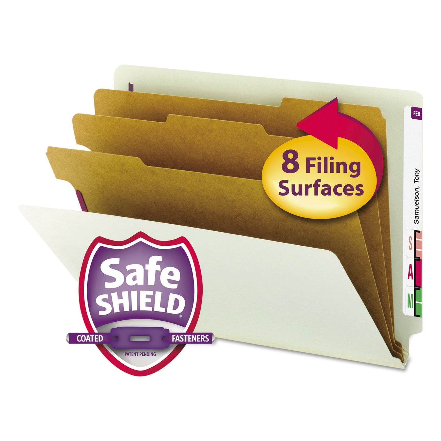 Smead End Tab Pressboard Classification Folders with SafeSHIELD Coated Fasteners, 3 Dividers, Letter Size, Gray-Green, 10/Box