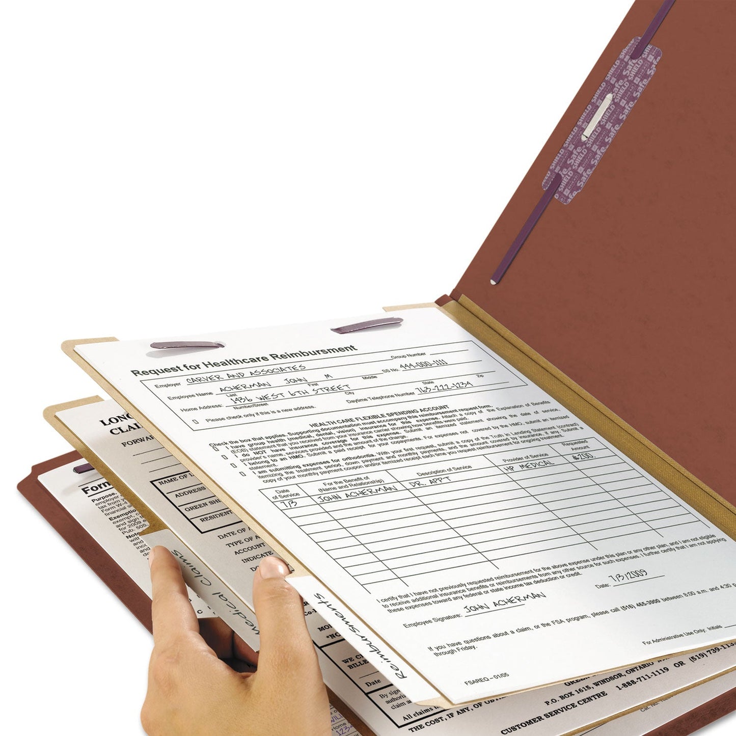 Smead End Tab Pressboard Classification Folders with SafeSHIELD Coated Fasteners, 2 Dividers, Letter Size, Red, 10/Box