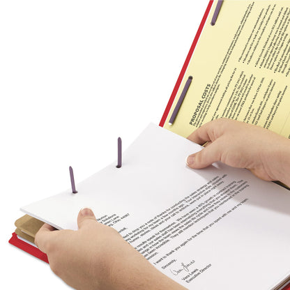 Smead End Tab Pressboard Classification Folders with SafeSHIELD Fasteners, 2 Dividers, Legal Size, Bright Red, 10/Box
