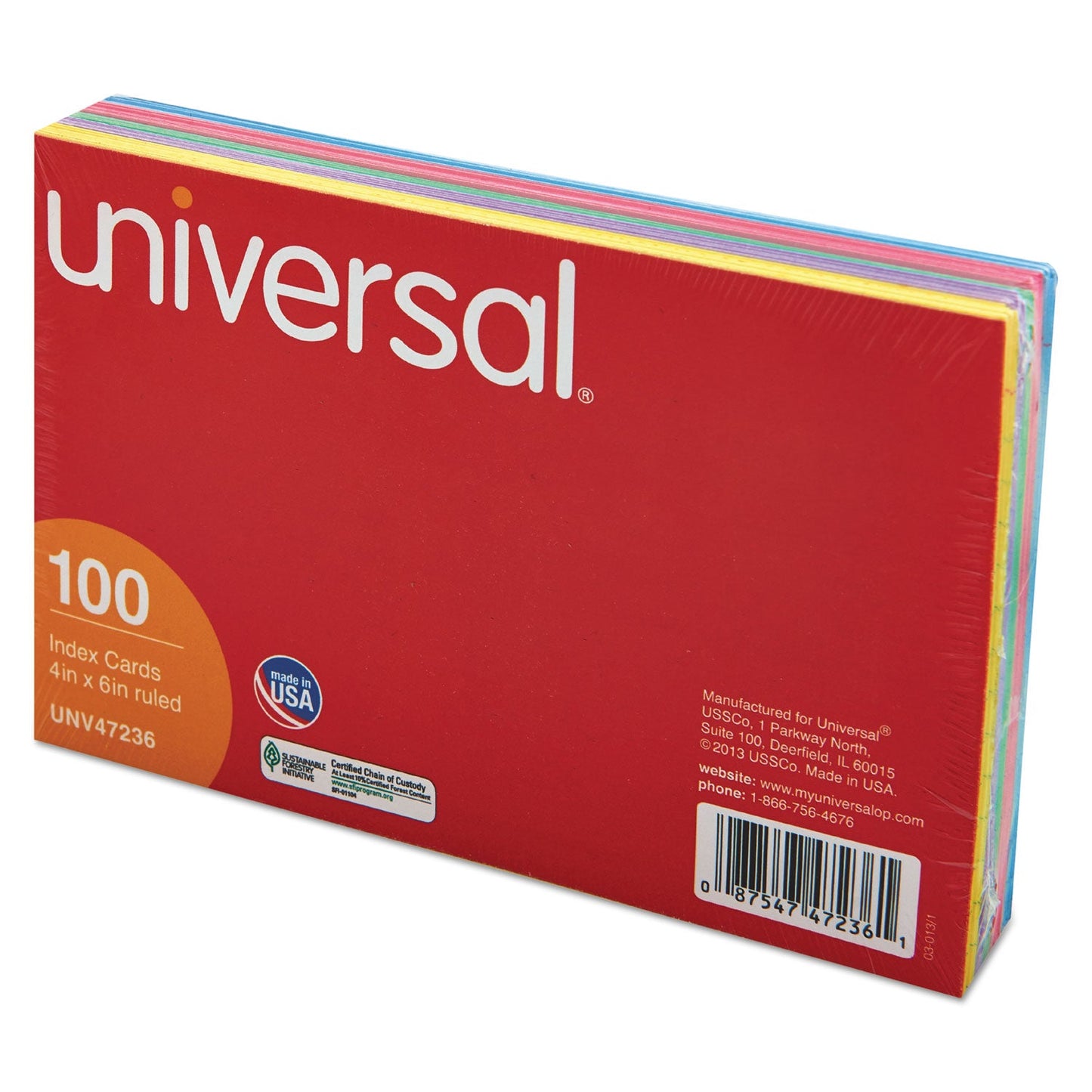 Universal Index Cards, Ruled, 4 x 6, Assorted, 100/Pack