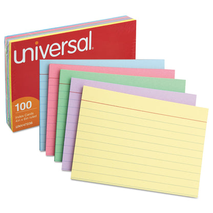 Universal Index Cards, Ruled, 4 x 6, Assorted, 100/Pack