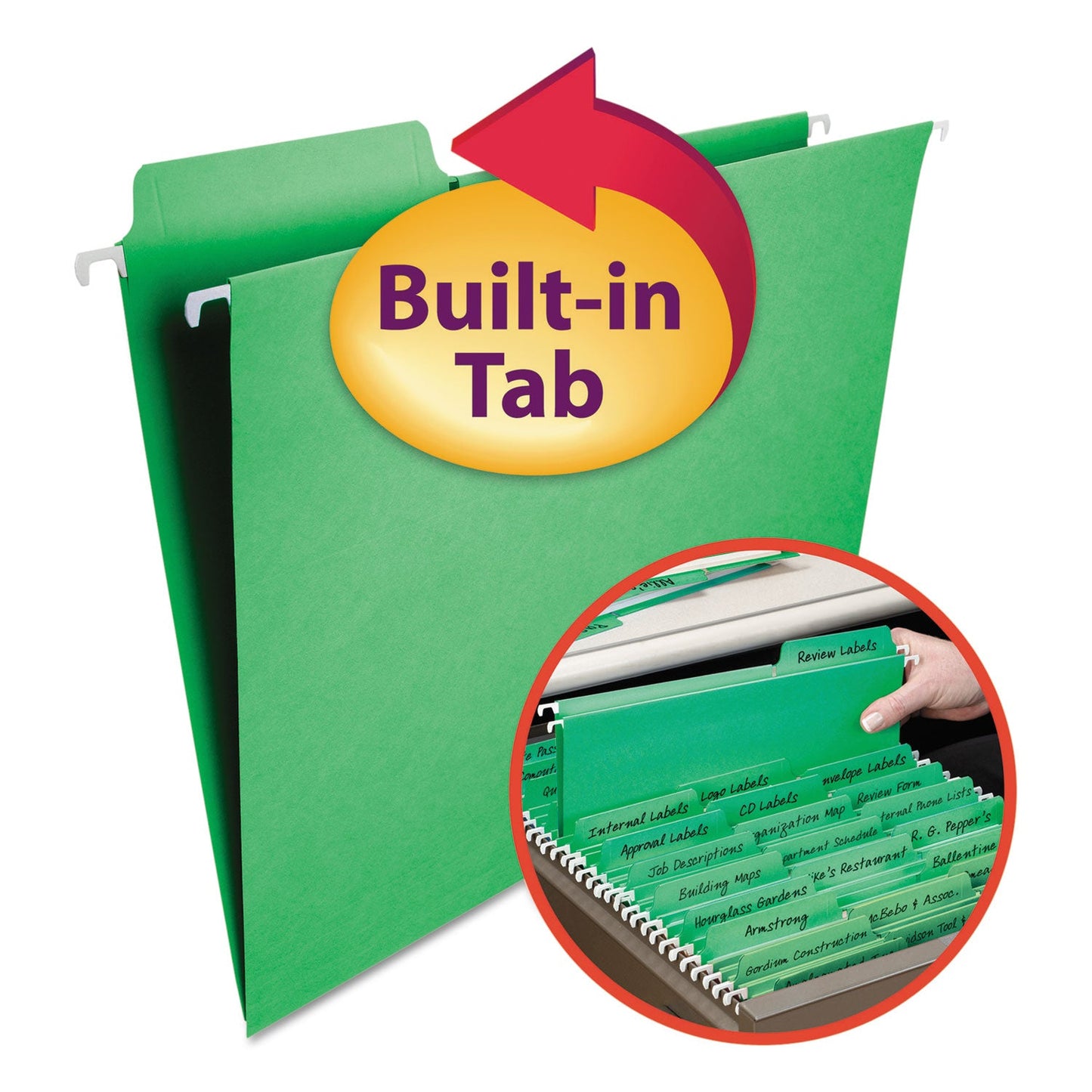 Smead FasTab Hanging Folders, Letter Size, 1/3-Cut Tabs, Green, 20/Box