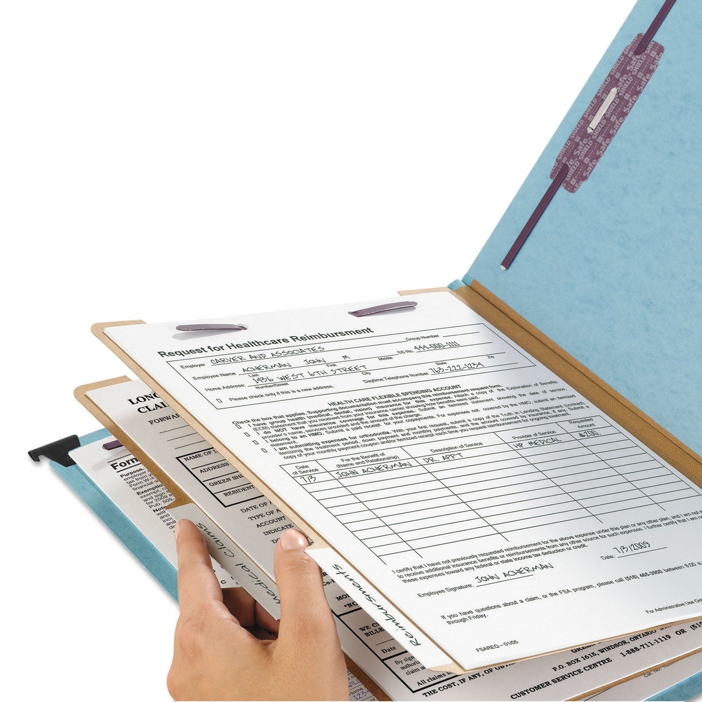 Smead FasTab Hanging Pressboard Classification Folders, 2 Dividers, Letter Size, Blue