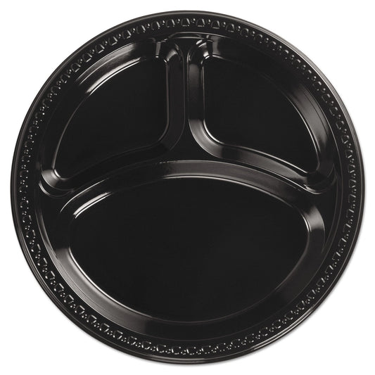 Chinet Heavyweight Plastic 3-Compartment Plates, 10.25" dia, Black, 125/Pack 4 Packs/Carton