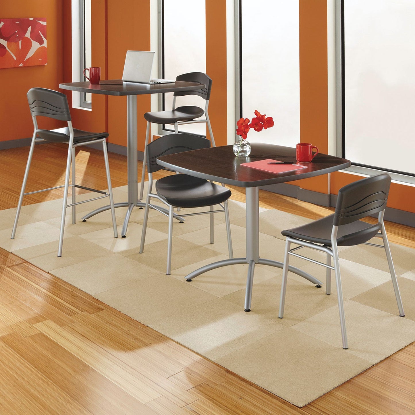 Iceberg CafeWorks Table, Cafe-Height, Square Top, 36w x 36d x 30h, Walnut/Silver