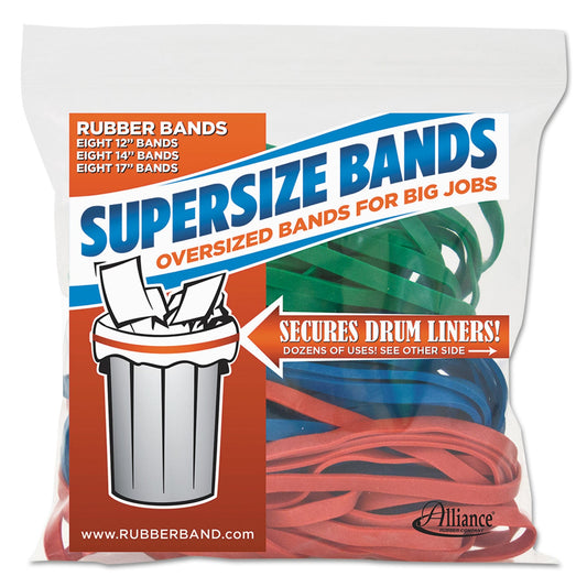Alliance SuperSize Bands, 0.25" Wide, Assorted Lengths (12", 14" and 17"), 4,060 psi Max Elasticity, Assorted Colors, 24/Pack
