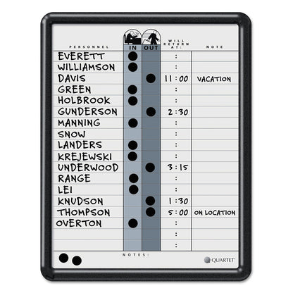 Quartet Employee In/Out Board, Porcelain, 11 x 14, Gray, Black Plastic Frame