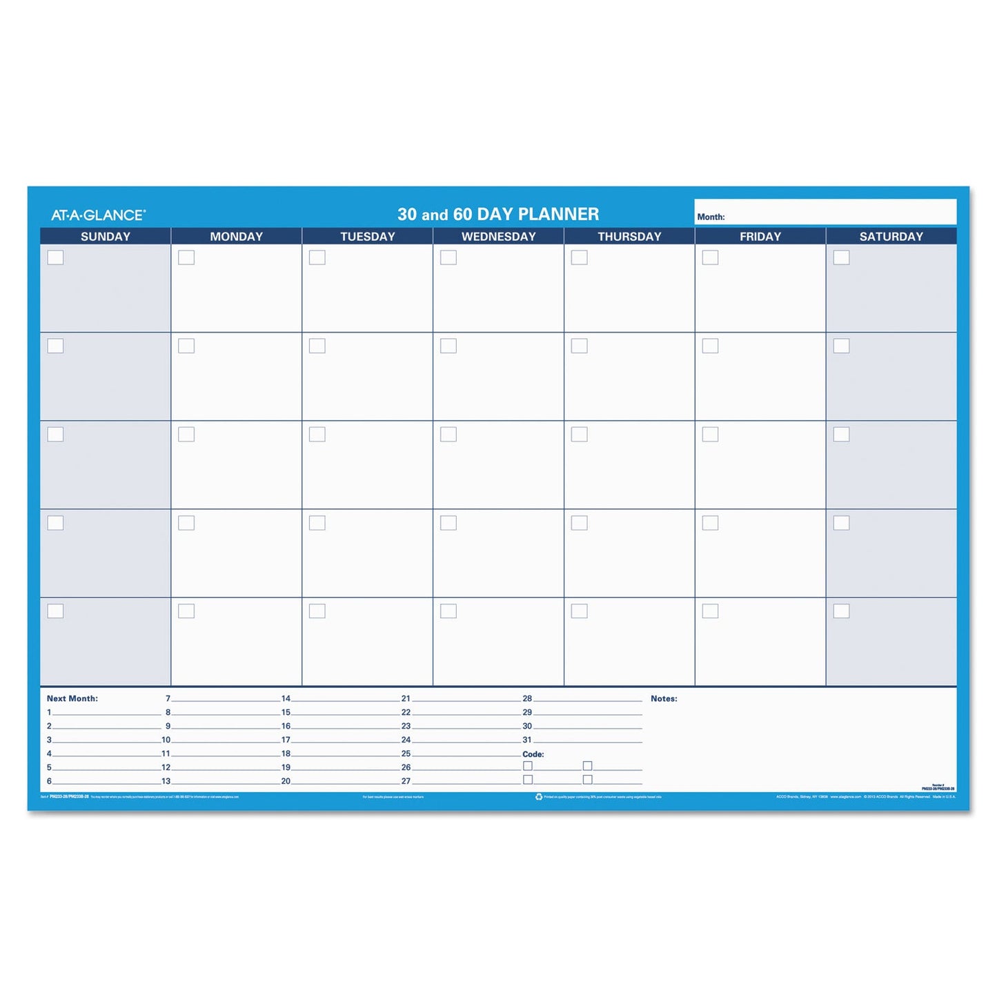 AT-A-GLANCE 30/60-Day Undated Horizontal Erasable Wall Planner, 36 x 24, White/Blue Sheets, Undated
