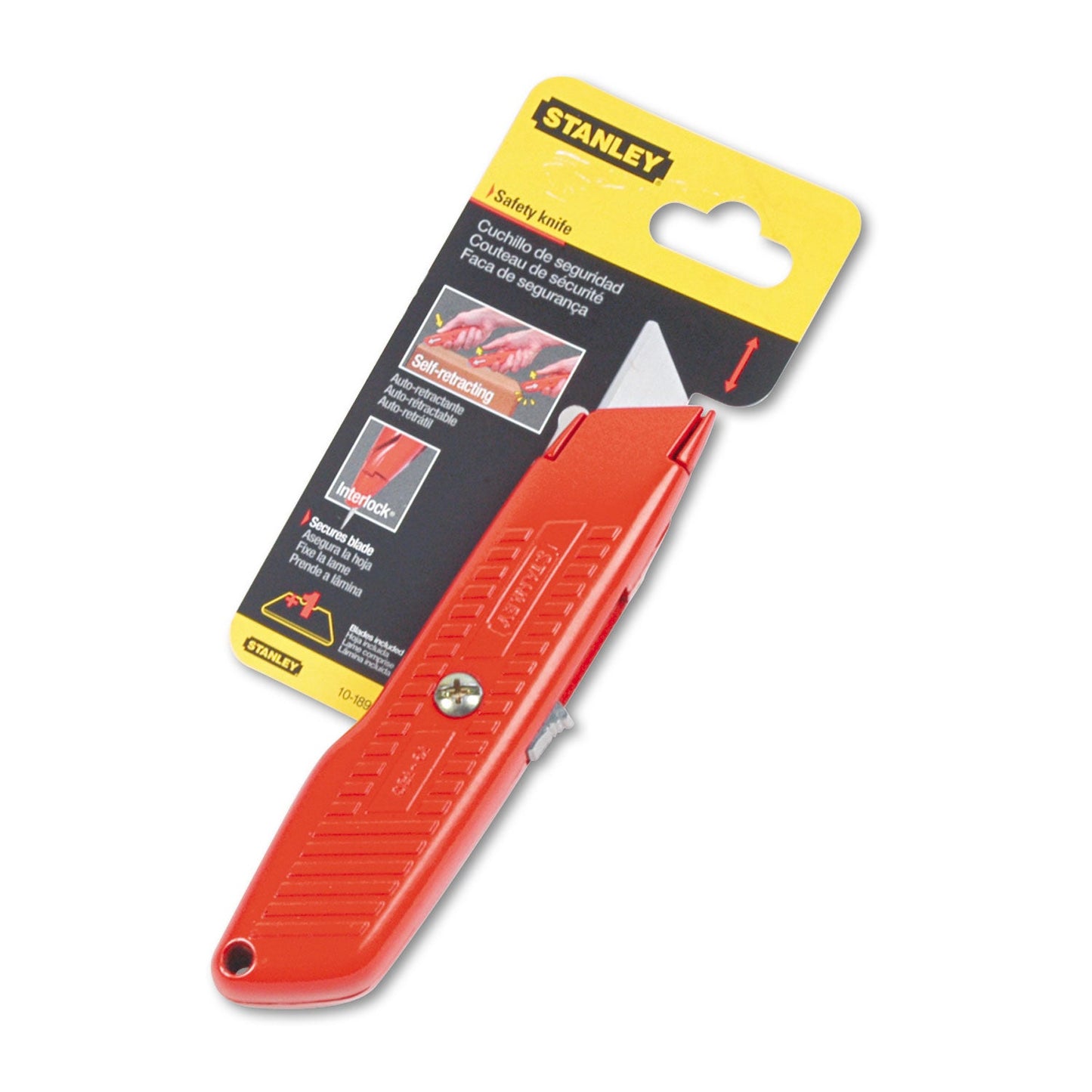 Stanley Interlock Safety Utility Knife with Self-Retracting Round Point Blade, 5.63" Metal Handle, Red Orange