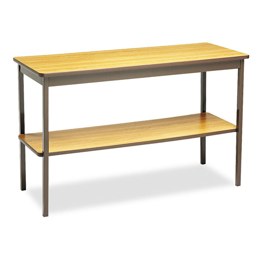 Barricks Utility Table with Bottom Shelf, Rectangular, 48w x 18d x 30h, Oak/Brown