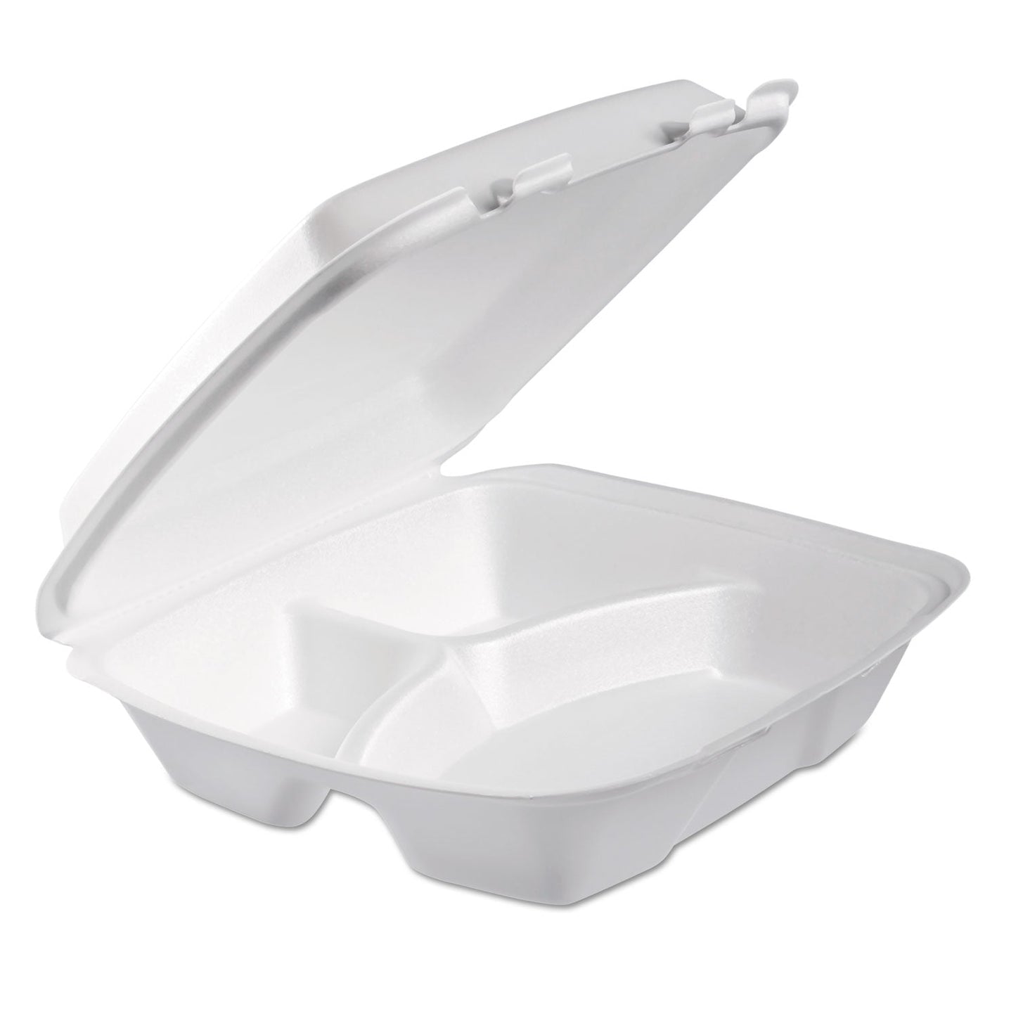 Dart Foam Hinged Lid Container, Performer Perforated Lid, 3-Compartment, 9 x 9.4 x 3, White, 100/Bag, 2 Bag/Carton