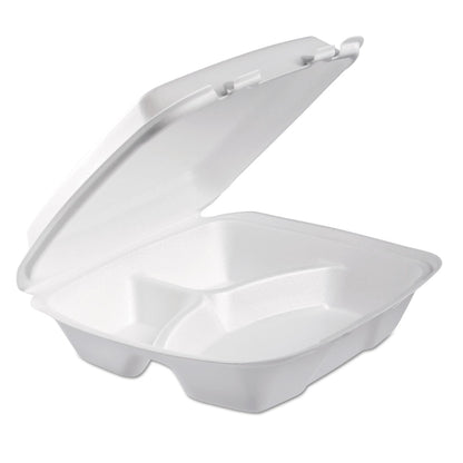 Dart Foam Hinged Lid Container, Performer Perforated Lid, 3-Compartment, 9 x 9.4 x 3, White, 100/Bag, 2 Bag/Carton