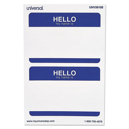 Universal "Hello" Self-Adhesive Name Badges, 3 1/2 x 2 1/4, White/Blue, 100/Pack