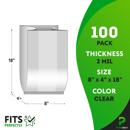 Gusseted Plastic Bags 8 x 4 x 18 inch. 100 Pack of 2 Mil Clear Plastic Bags for Packaging Products. Open Top Clear Gusseted Poly Bags. Waterproof Clear Treat Bags. Light Plastic Bread Bags